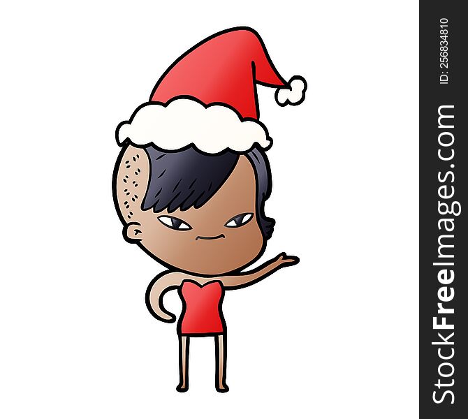cute gradient cartoon of a girl with hipster haircut wearing santa hat
