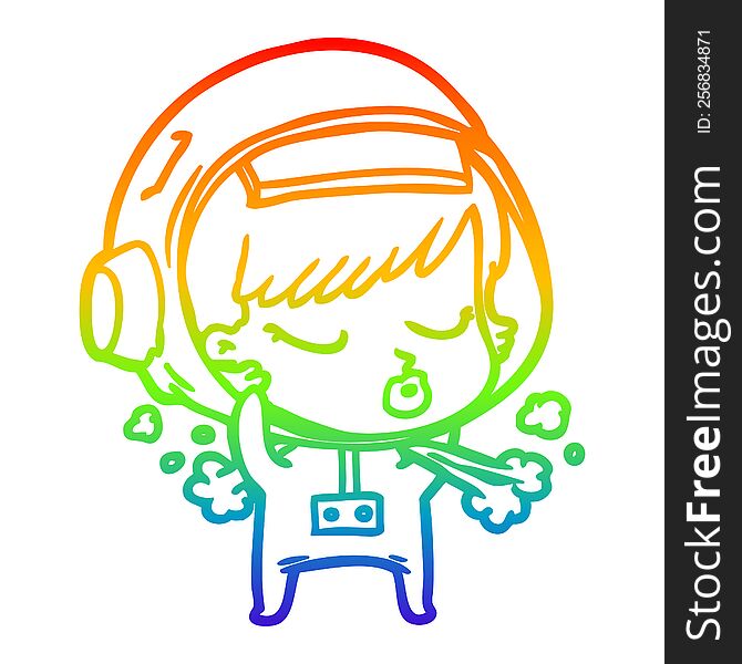 rainbow gradient line drawing of a cartoon pretty astronaut girl taking off space helmet