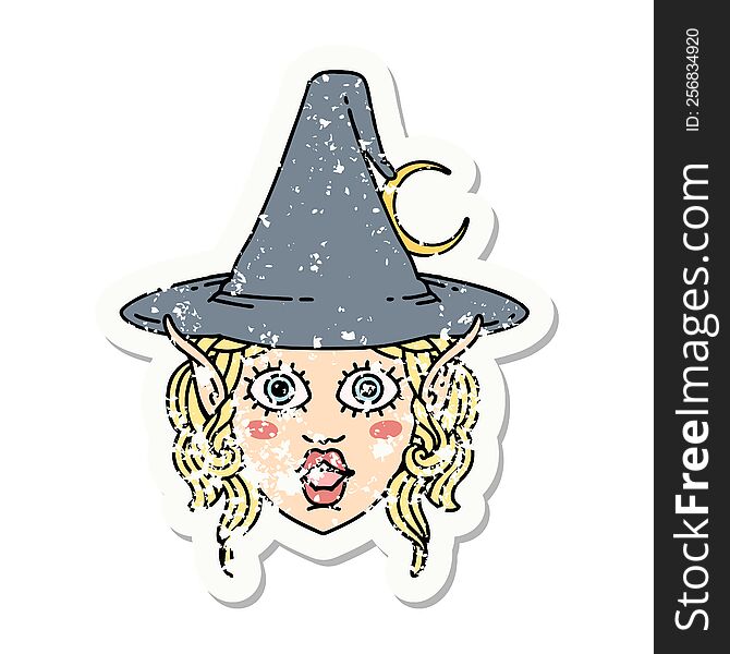 grunge sticker of a elf mage character face. grunge sticker of a elf mage character face