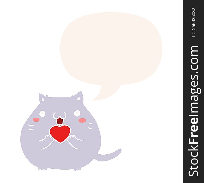 cute cartoon cat in love with speech bubble in retro style