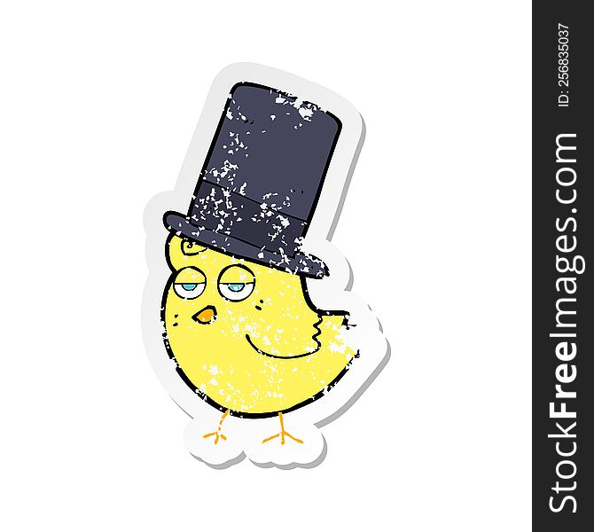 Retro Distressed Sticker Of A Cartoon Bird In Top Hat
