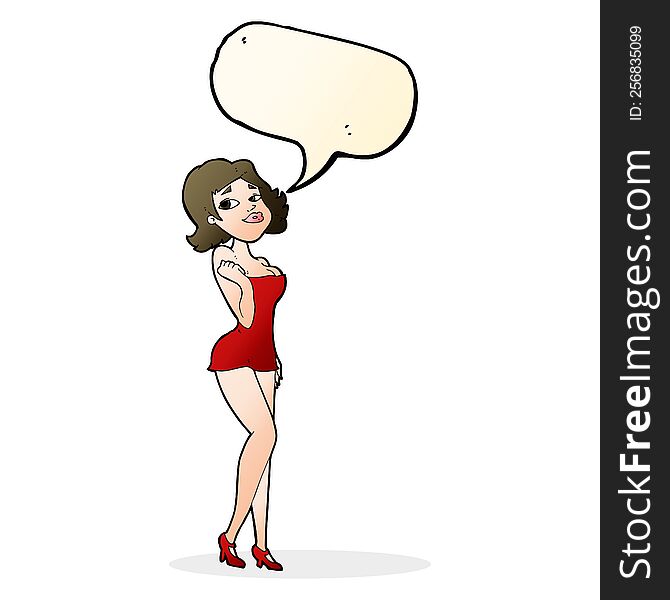 cartoon attractive woman in short dress with speech bubble