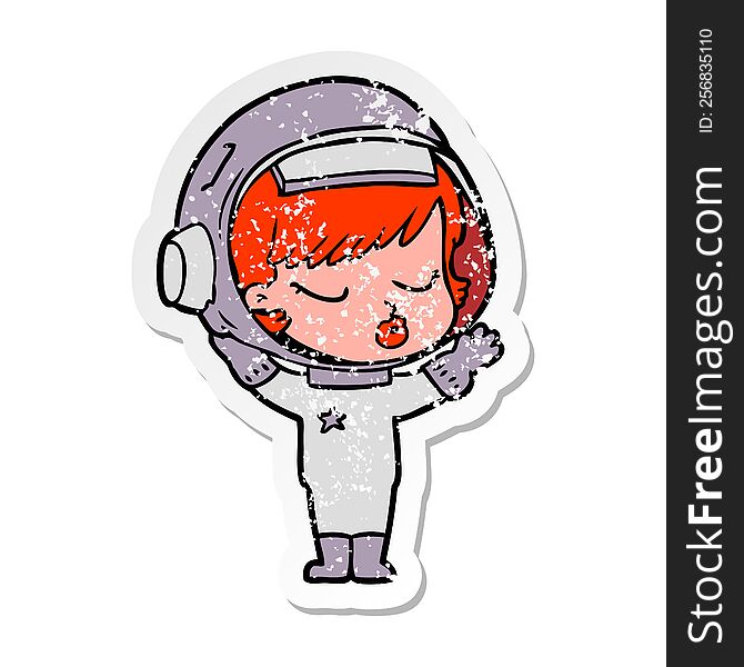 distressed sticker of a cartoon pretty astronaut girl