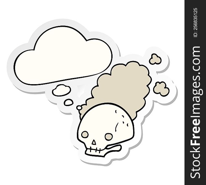 cartoon dusty old skull with thought bubble as a printed sticker