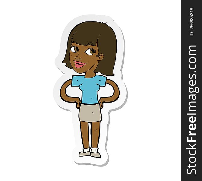 Sticker Of A Cartoon Happy Woman With Hands On Hips