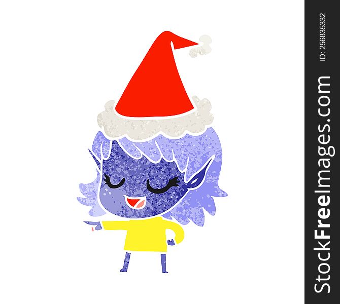 Happy Retro Cartoon Of A Elf Girl Pointing Wearing Santa Hat