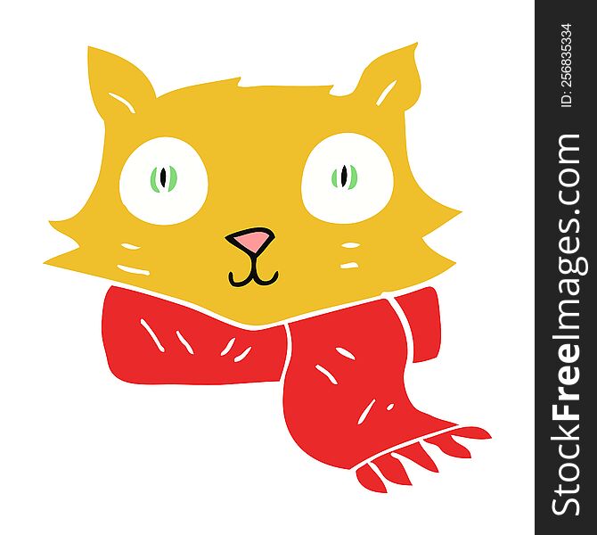 Flat Color Illustration Of A Cartoon Cat Wearing Scarf