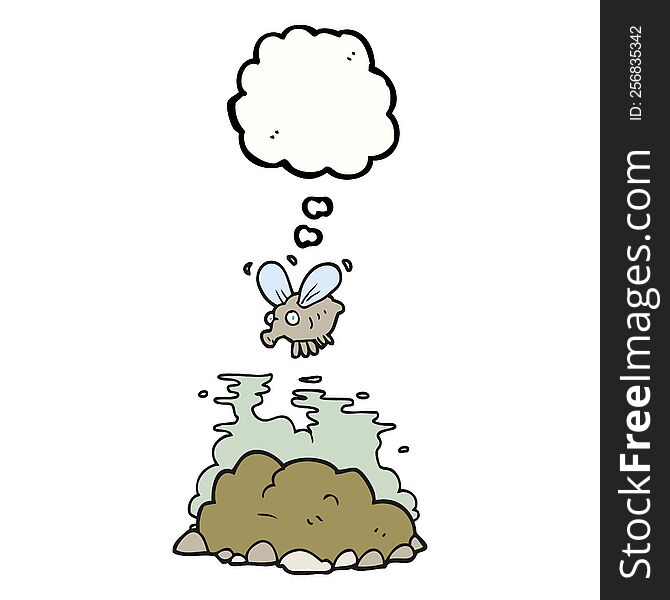 freehand drawn thought bubble cartoon fly and manure