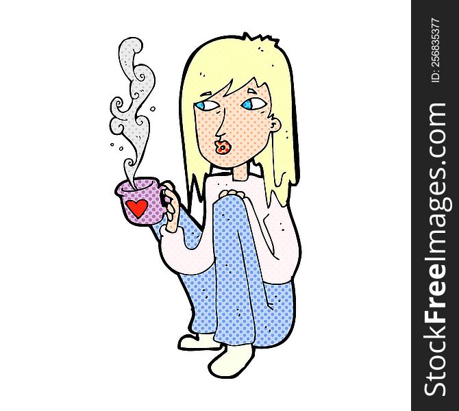 cartoon woman with cup of coffee