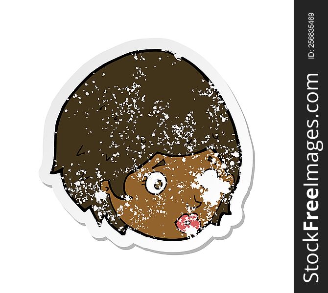 retro distressed sticker of a cartoon girl with concerned expression