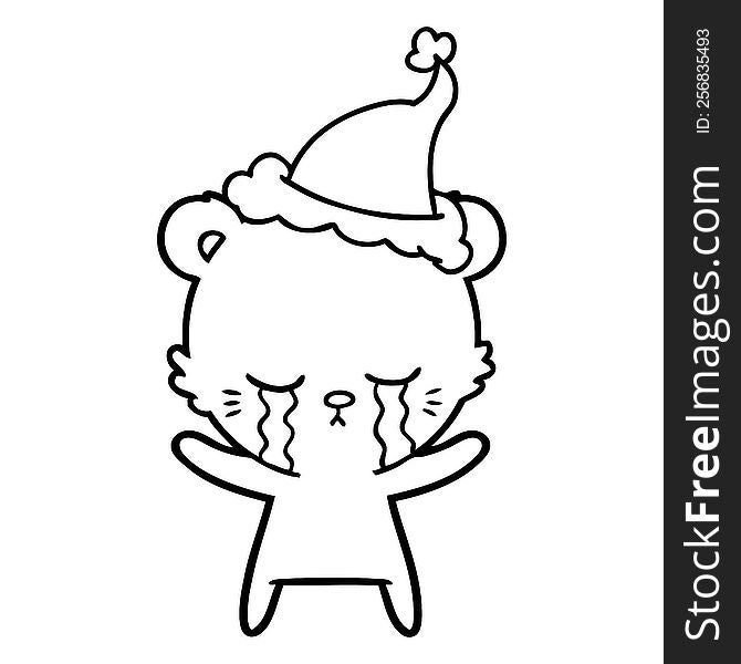 crying line drawing of a polarbear wearing santa hat