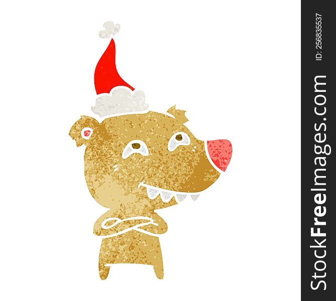 Retro Cartoon Of A Bear Showing Teeth Wearing Santa Hat