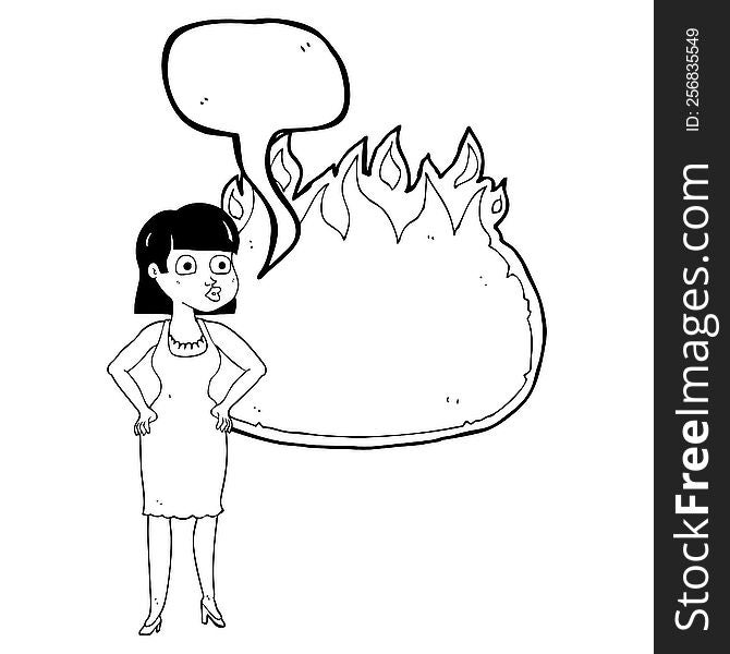 Speech Bubble Cartoon Woman In Dress With Hands On Hips And Flame Banner