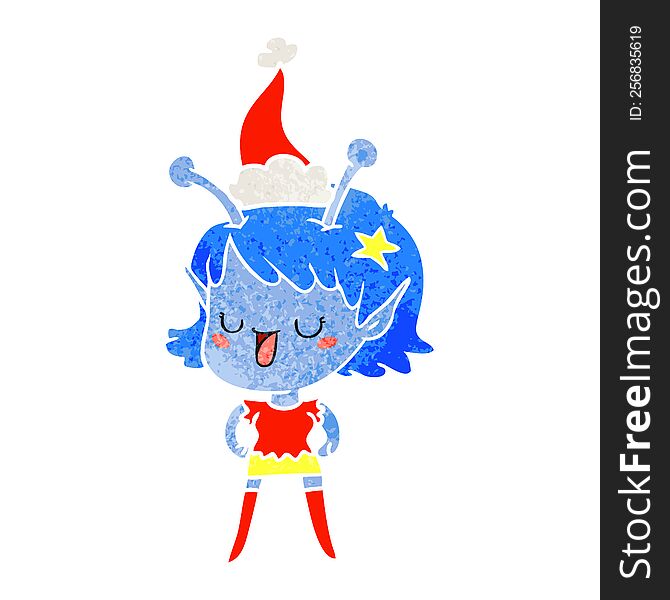 Happy Alien Girl Retro Cartoon Of A Wearing Santa Hat