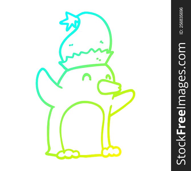 cold gradient line drawing of a cute cartoon christmas penguin