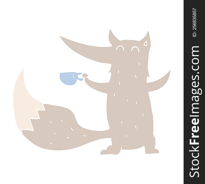 Flat Color Illustration Of A Cartoon Wolf With Coffee Cup