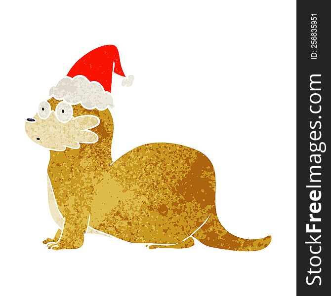 hand drawn retro cartoon of a otter wearing santa hat
