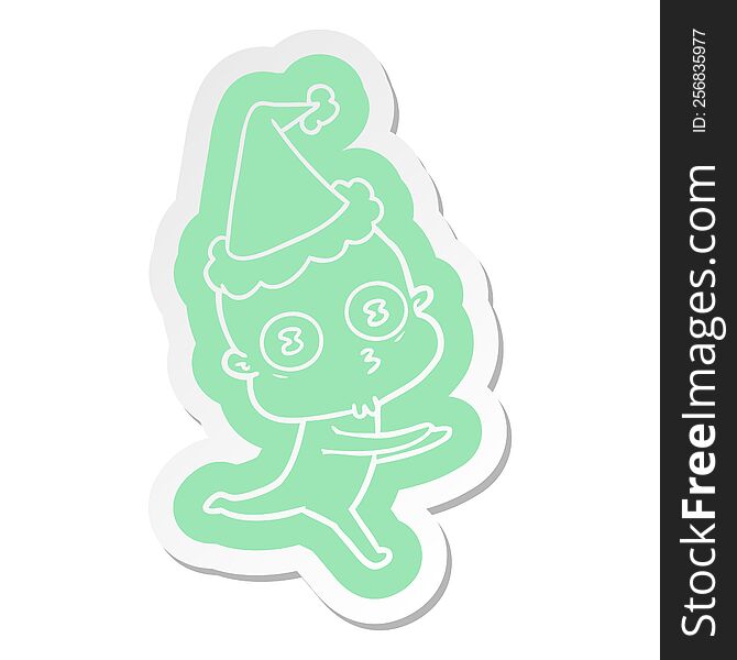 Cartoon  Sticker Of A Weird Bald Spaceman Running Wearing Santa Hat