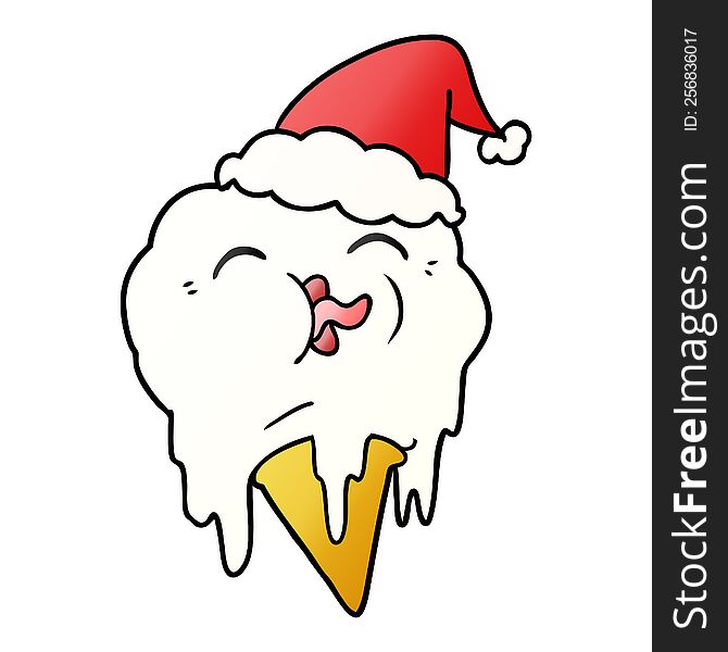 hand drawn gradient cartoon of a melting ice cream wearing santa hat