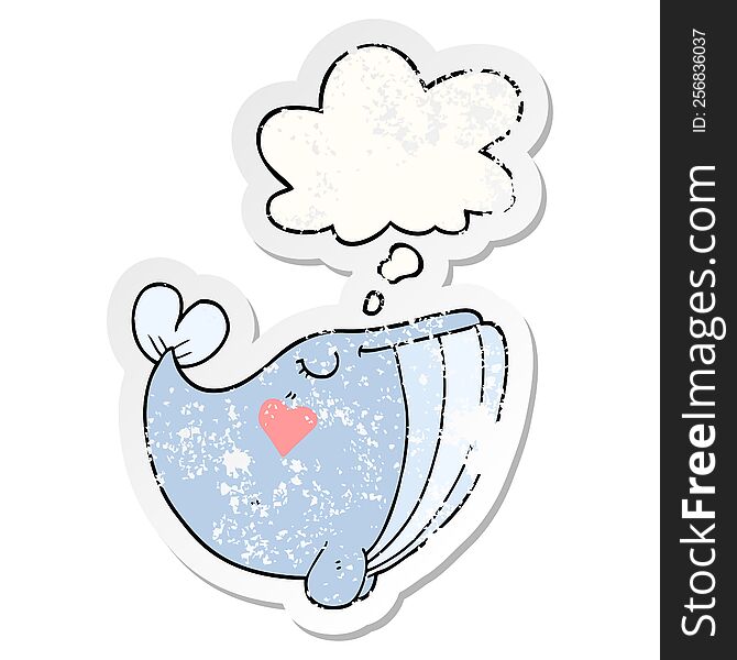 Cartoon Whale With Love Heart And Thought Bubble As A Distressed Worn Sticker