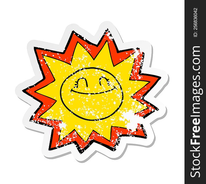 retro distressed sticker of a happy cartoon sun