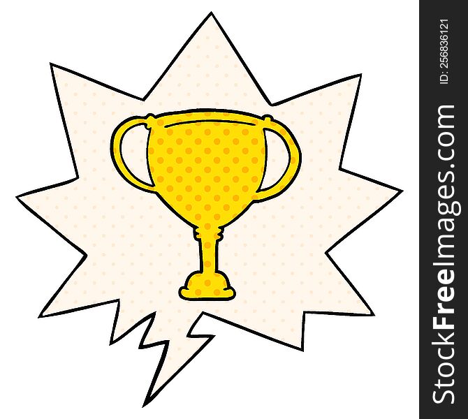 cartoon sports trophy with speech bubble in comic book style