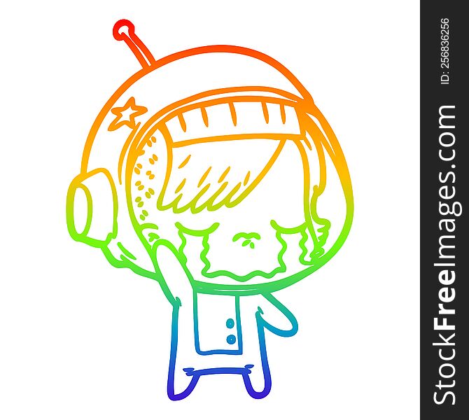 rainbow gradient line drawing of a cartoon crying astronaut girl waving goodbye