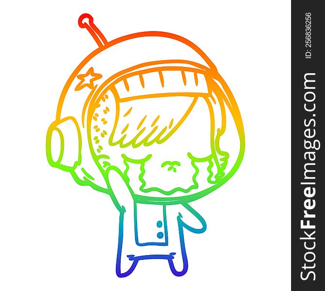 Rainbow Gradient Line Drawing Cartoon Crying Astronaut Girl Waving Goodbye