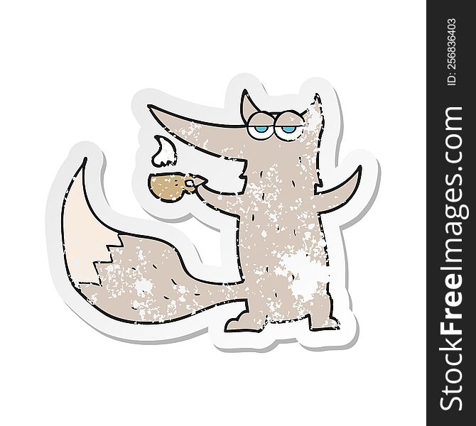 retro distressed sticker of a cartoon wolf with coffee cup