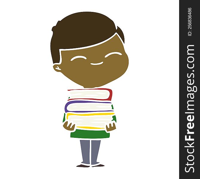 flat color style cartoon smiling boy with stack of books