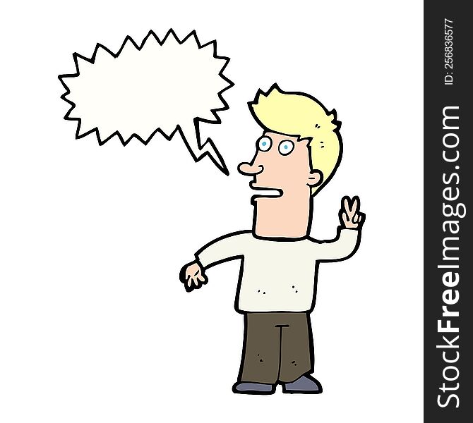 cartoon man making peace sign with speech bubble