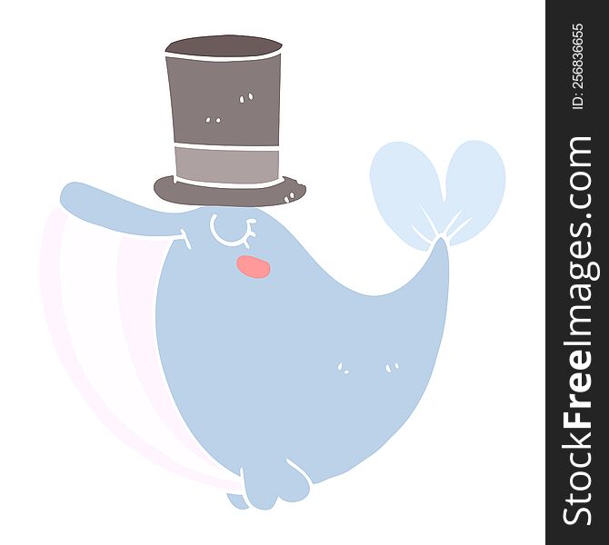 Flat Color Style Cartoon Whale With Top Hat