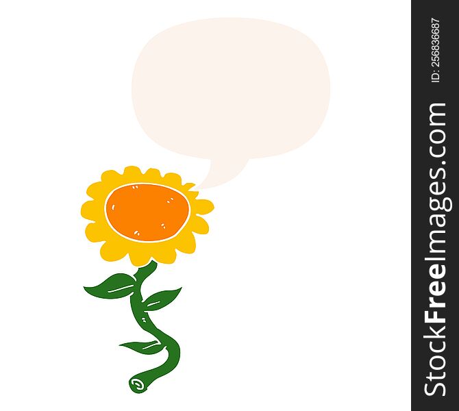 cartoon sunflower with speech bubble in retro style