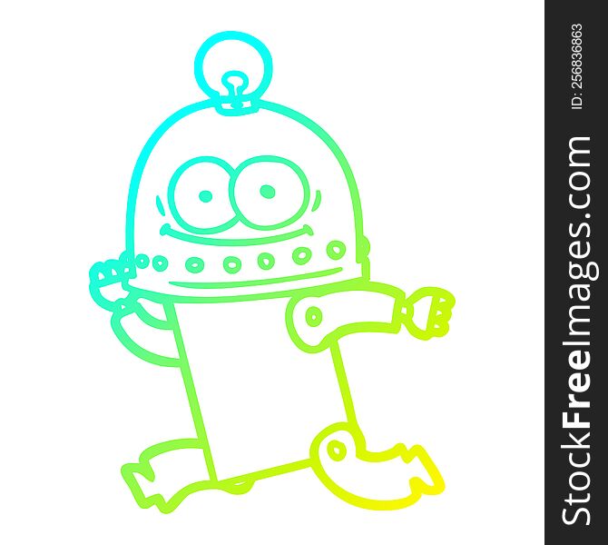 Cold Gradient Line Drawing Happy Carton Robot With Light Bulb