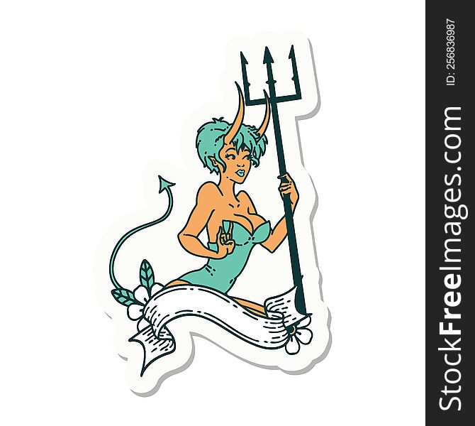 sticker of tattoo in traditional style of a pinup devil girl with banner. sticker of tattoo in traditional style of a pinup devil girl with banner