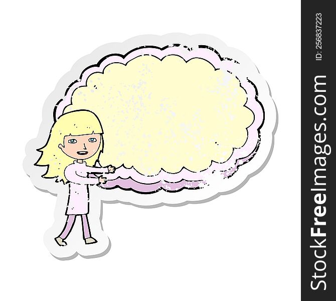 retro distressed sticker of a cartoon girl with cloud text space
