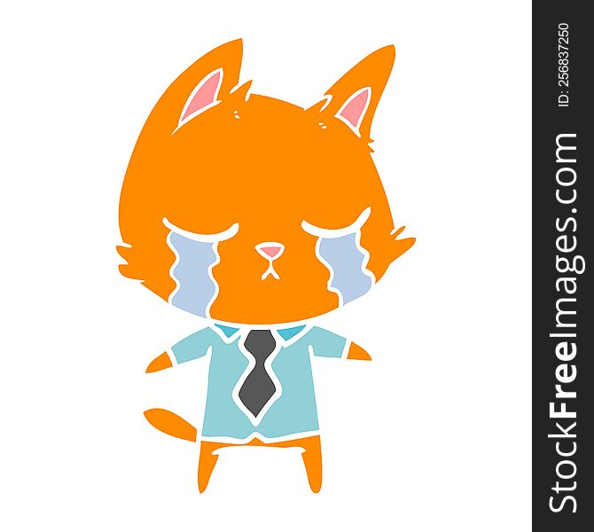 crying flat color style cartoon office worker cat
