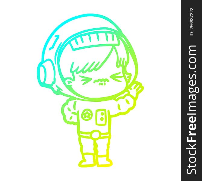 cold gradient line drawing of a angry cartoon space girl waving