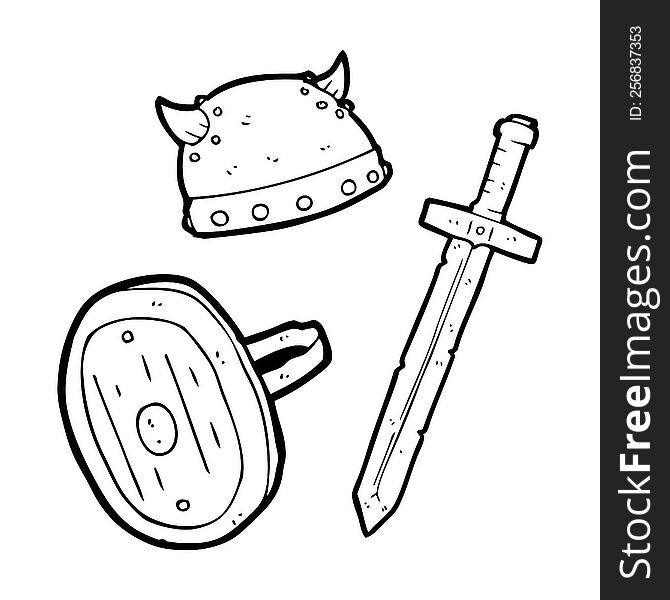 freehand drawn black and white cartoon medieval warrior objects