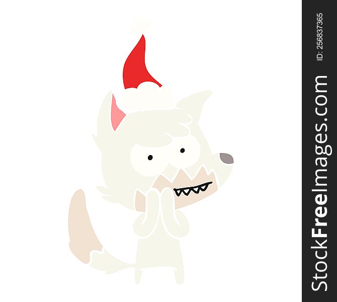 Flat Color Illustration Of A Grinning Fox Wearing Santa Hat
