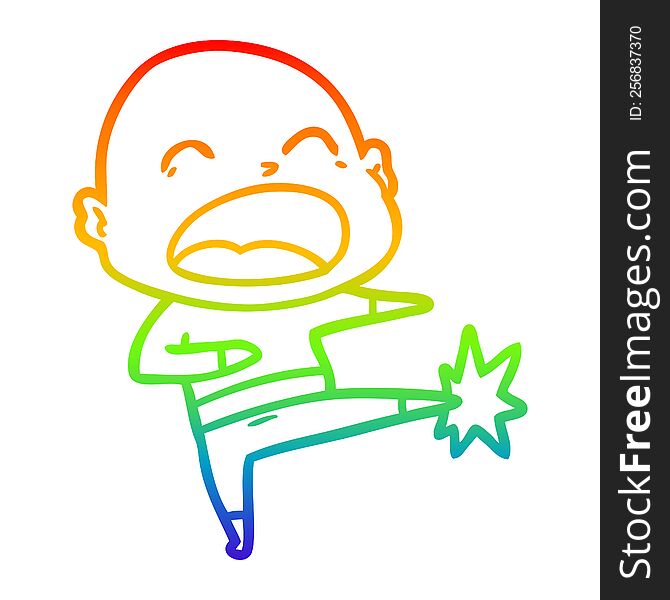 rainbow gradient line drawing of a cartoon bald man kicking