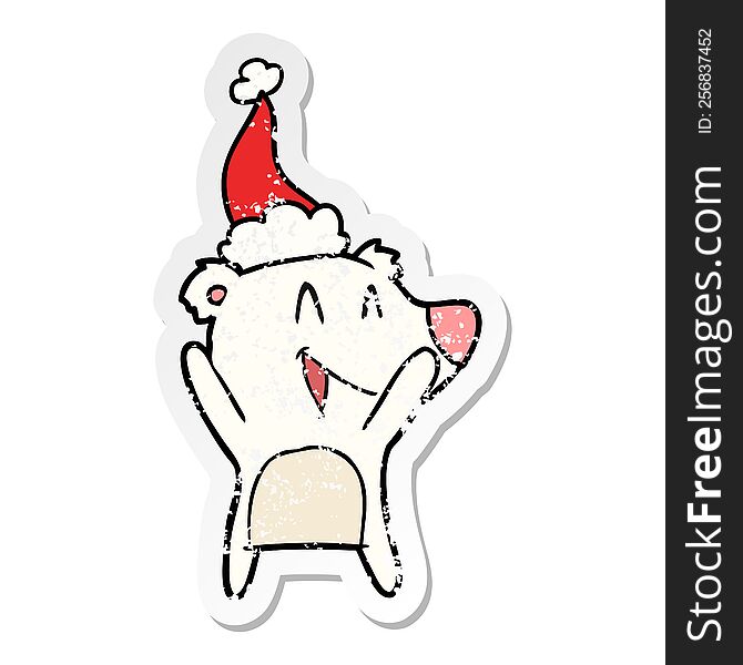 Laughing Polar Bear Distressed Sticker Cartoon Of A Wearing Santa Hat