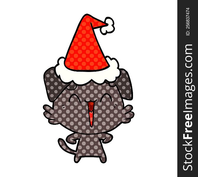 happy little dog hand drawn comic book style illustration of a wearing santa hat