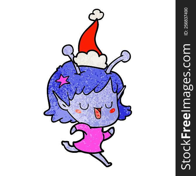 happy alien girl hand drawn textured cartoon of a wearing santa hat. happy alien girl hand drawn textured cartoon of a wearing santa hat