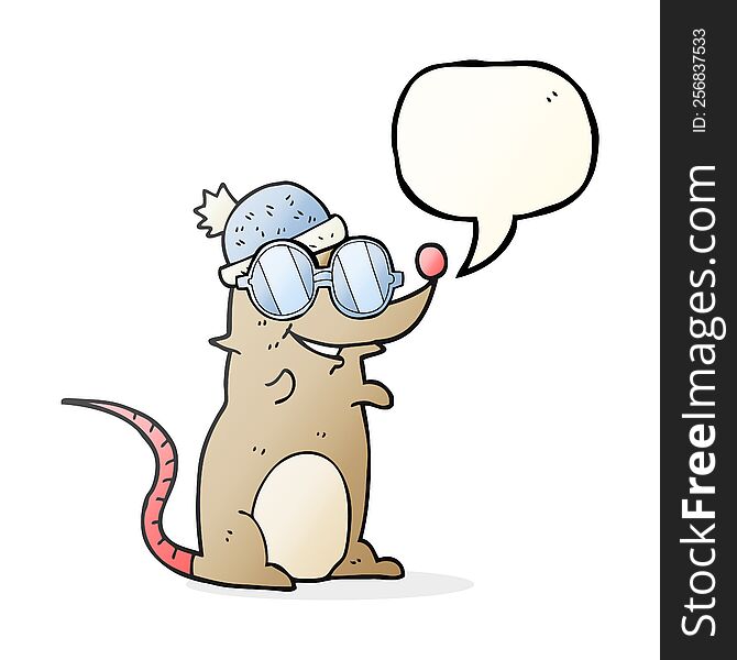 freehand drawn speech bubble cartoon mouse wearing glasses and hat