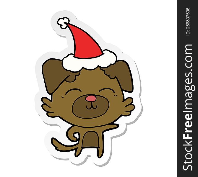 Sticker Cartoon Of A Dog Pointing Wearing Santa Hat