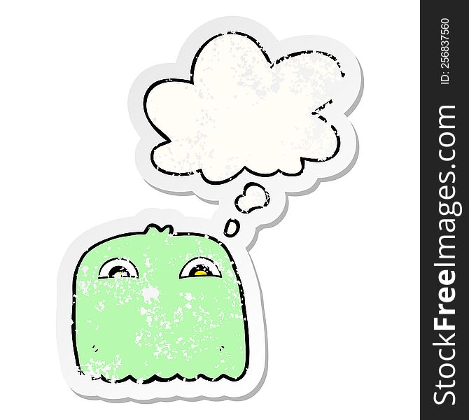 cartoon ghost and thought bubble as a distressed worn sticker