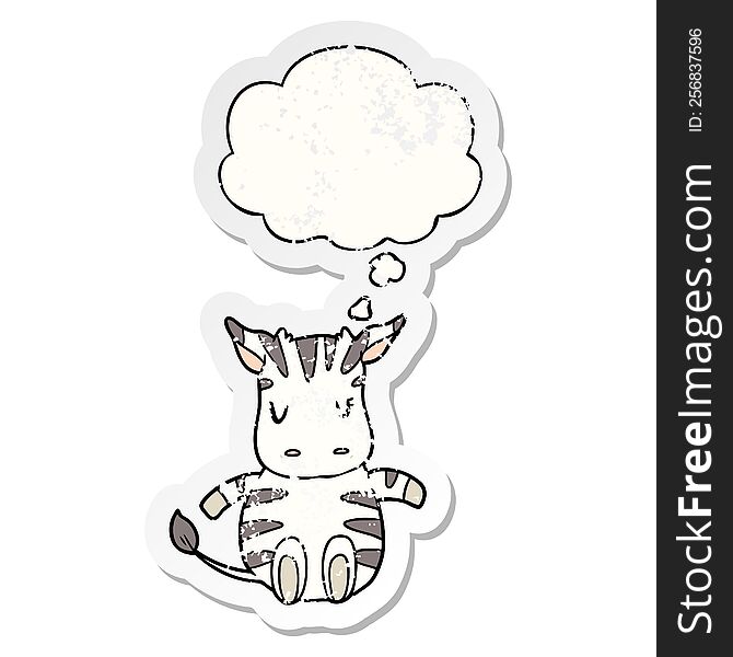 cartoon zebra and thought bubble as a distressed worn sticker