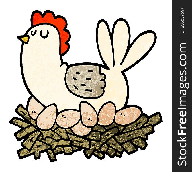 Grunge Textured Illustration Cartoon Chicken On Nest Of Eggs