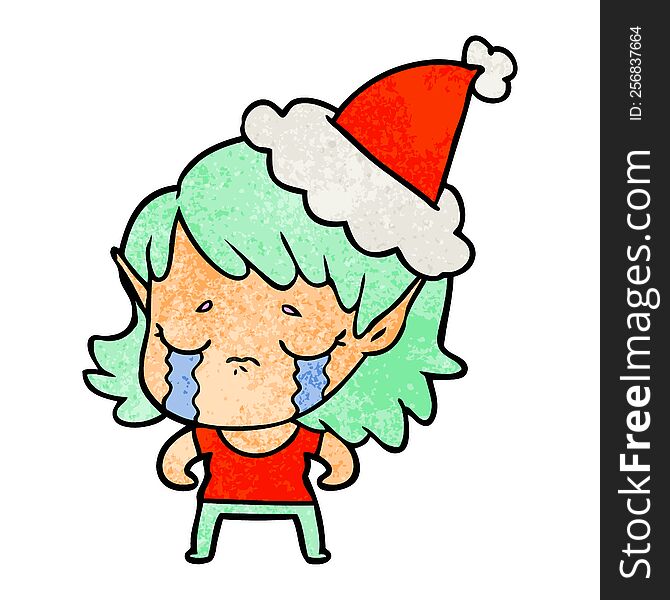 Textured Cartoon Of A Crying Elf Girl Wearing Santa Hat
